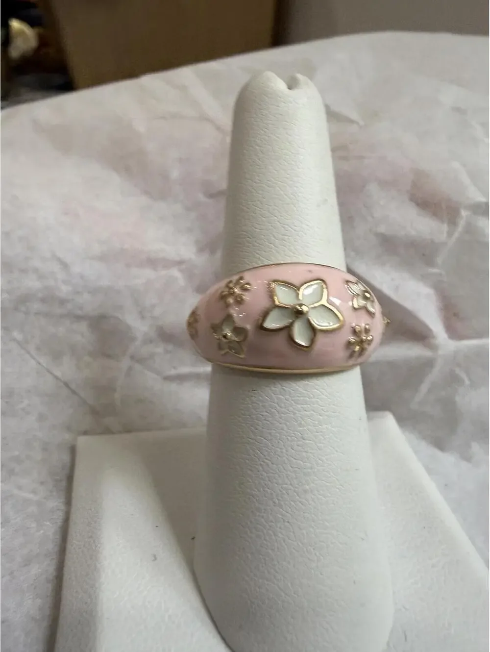 Pink Floral Enamel Dome Ring with White and Gold Accents